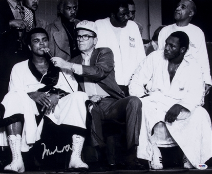 Muhammad Ali Autographed 16x20 B&W Photograph of Ali-Frazier II Pre- Fight Interview (PSA/DNA)